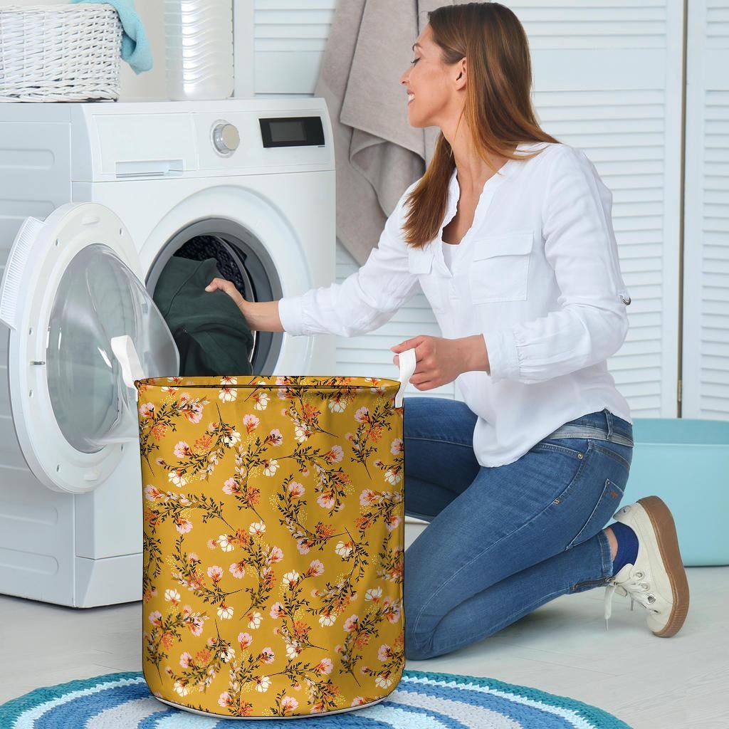 Yellow Floral Retro Print Laundry Basket-grizzshop