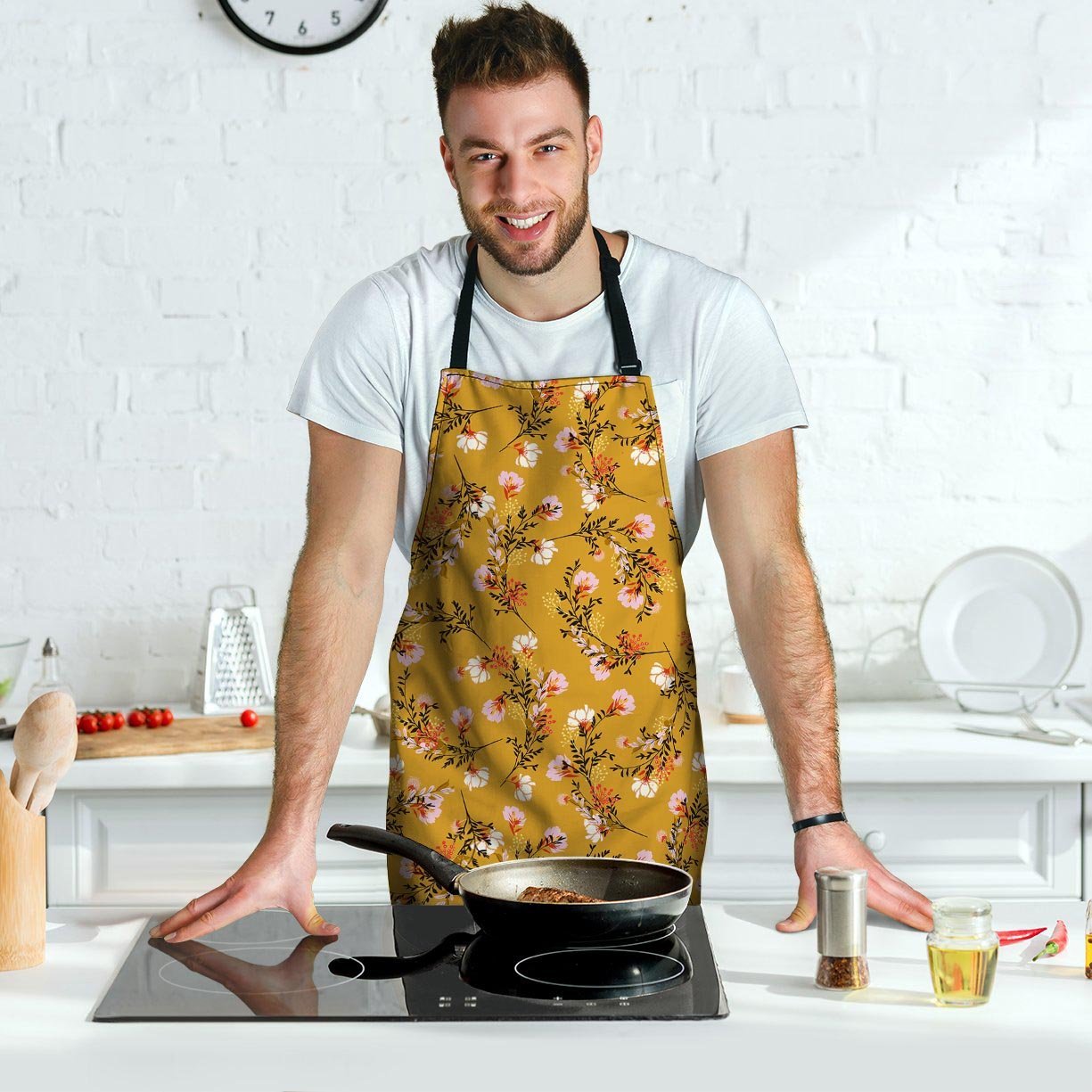 Yellow Floral Retro Print Men's Apron-grizzshop