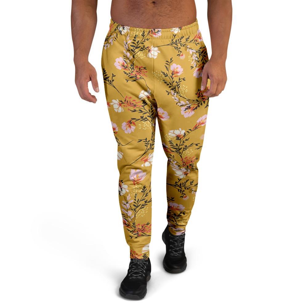 Yellow Floral Retro Print Men's Joggers-grizzshop