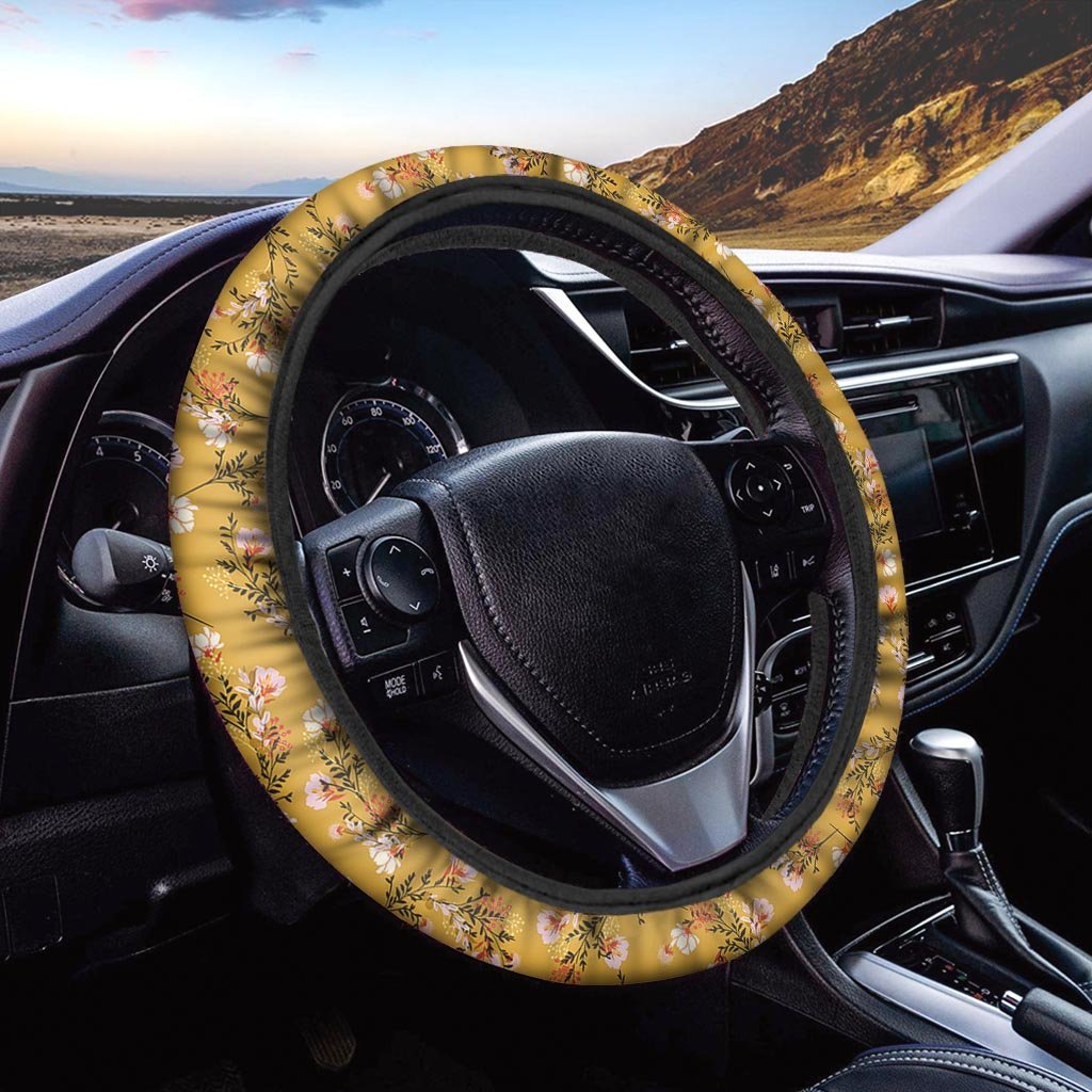 Yellow Floral Retro Print Steering Wheel Cover-grizzshop