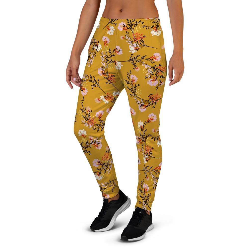 Yellow Floral Retro Print Women's Joggers-grizzshop