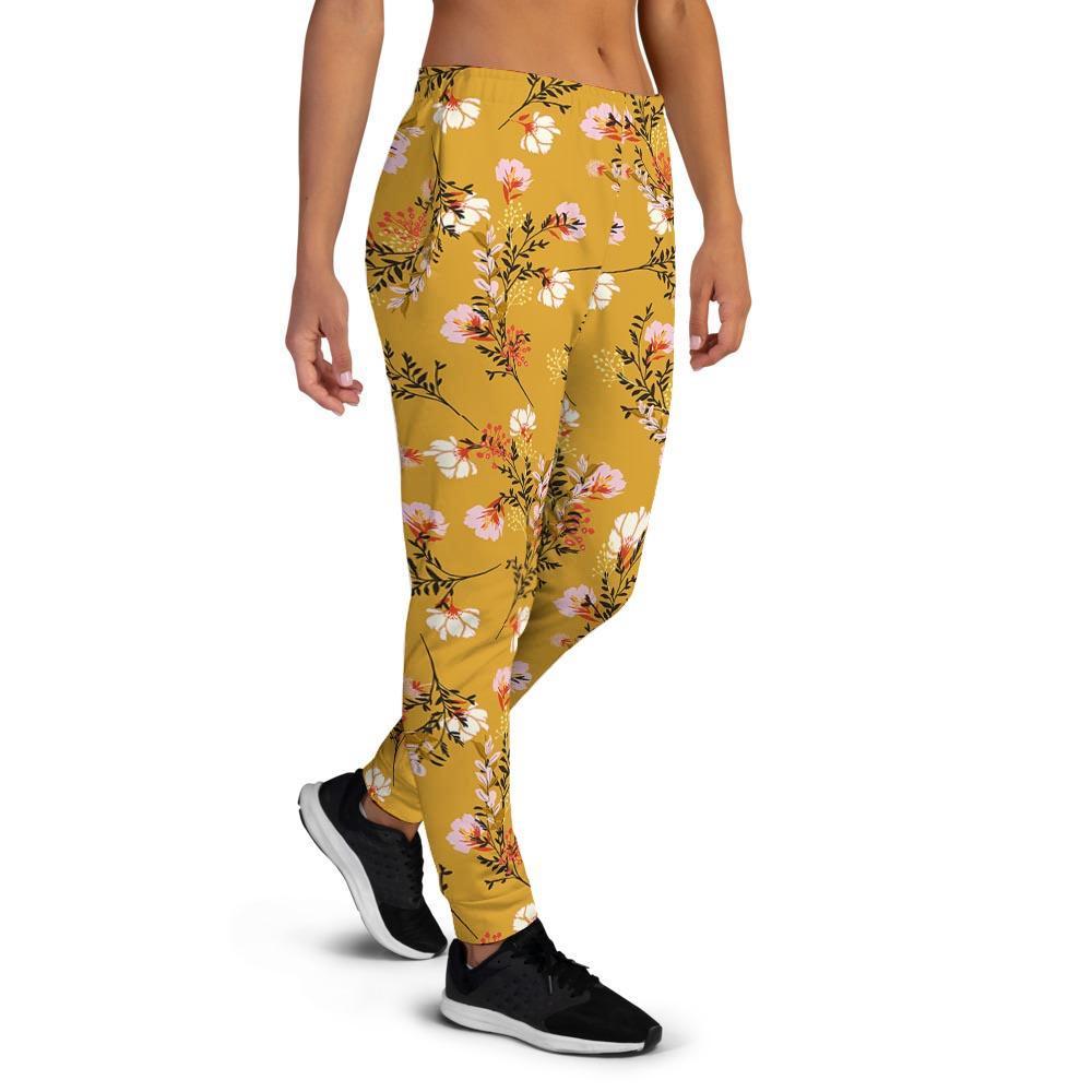 Yellow Floral Retro Print Women's Joggers-grizzshop