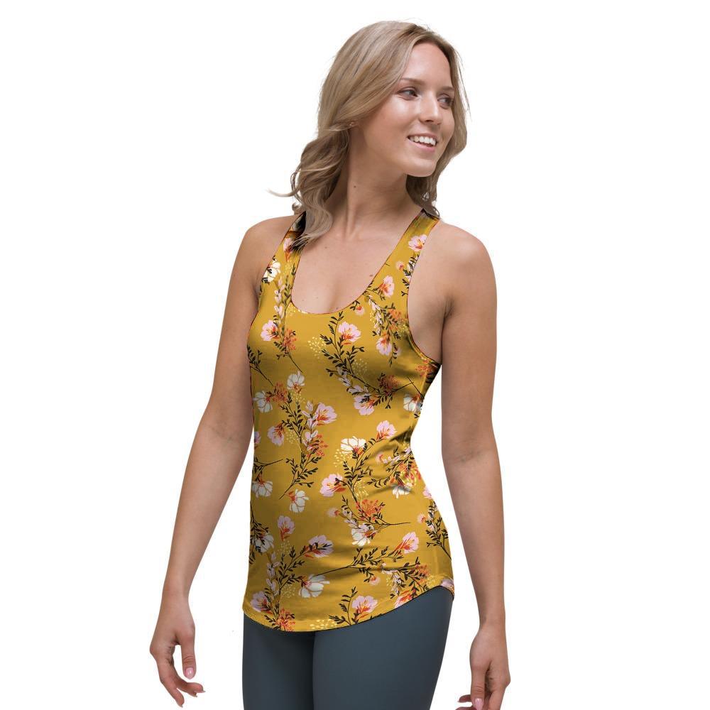 Yellow Floral Retro Print Women's Racerback Tank Top-grizzshop