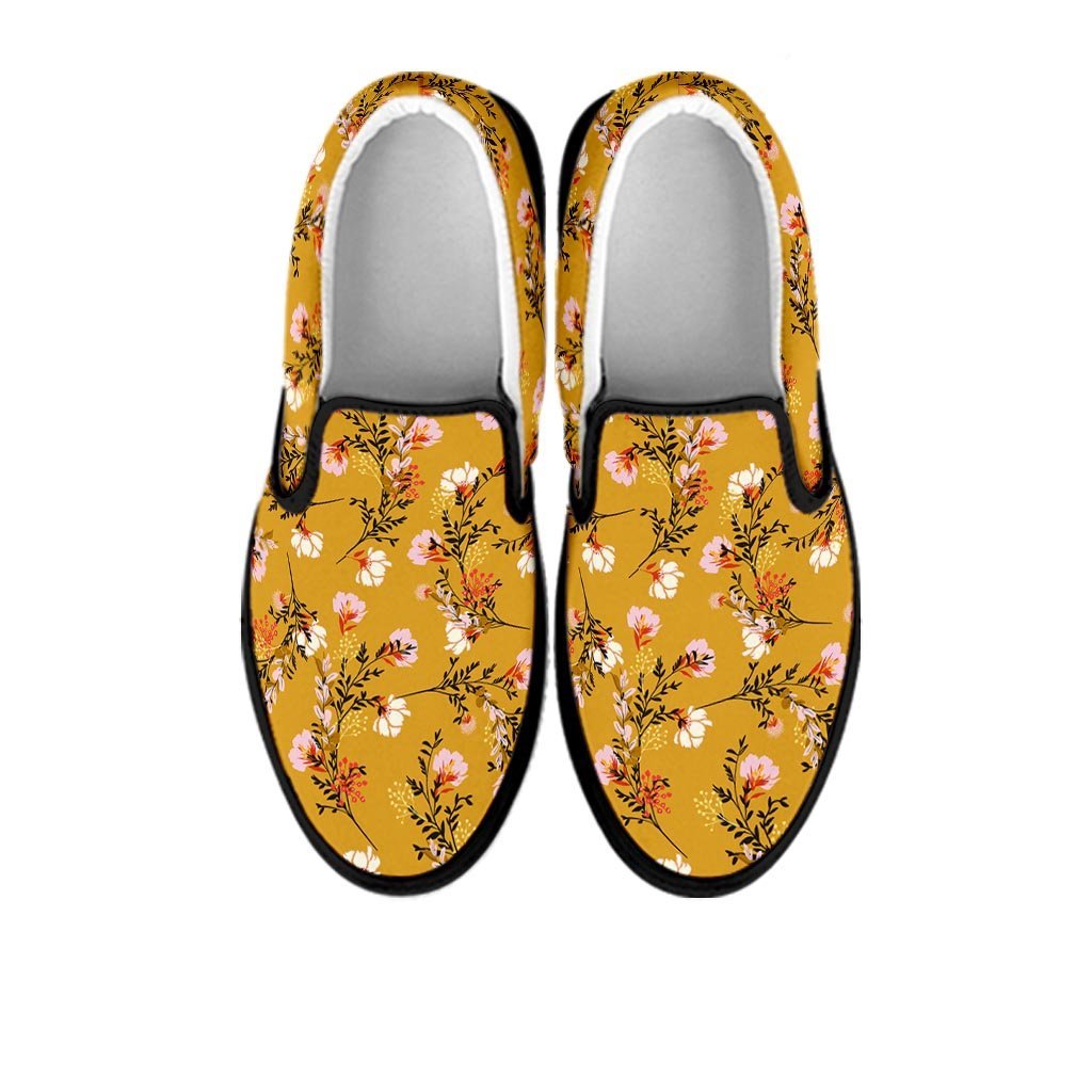 Yellow Floral Retro Print Women's Slip On Sneakers-grizzshop