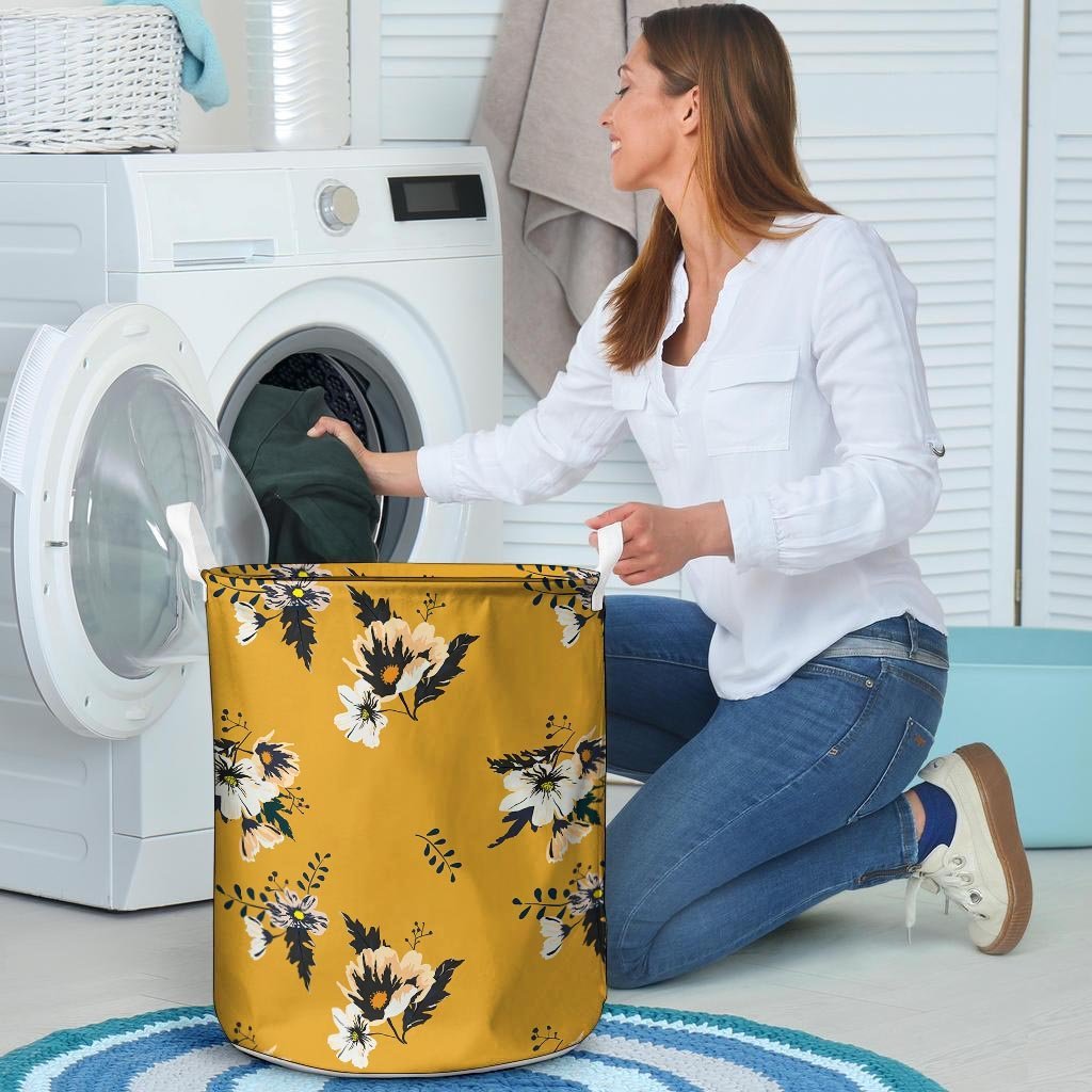 Yellow Flower Print Laundry Basket-grizzshop