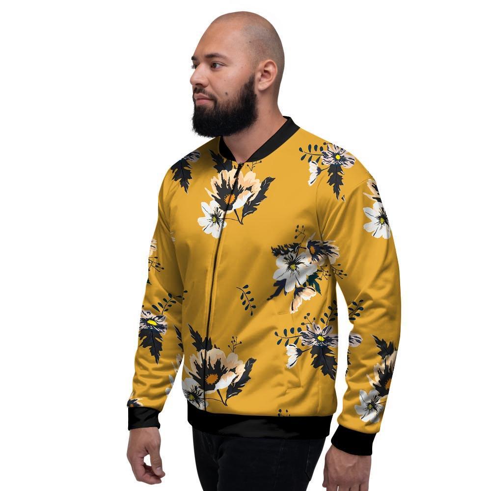 Yellow Flower Print Men's Bomber Jacket-grizzshop