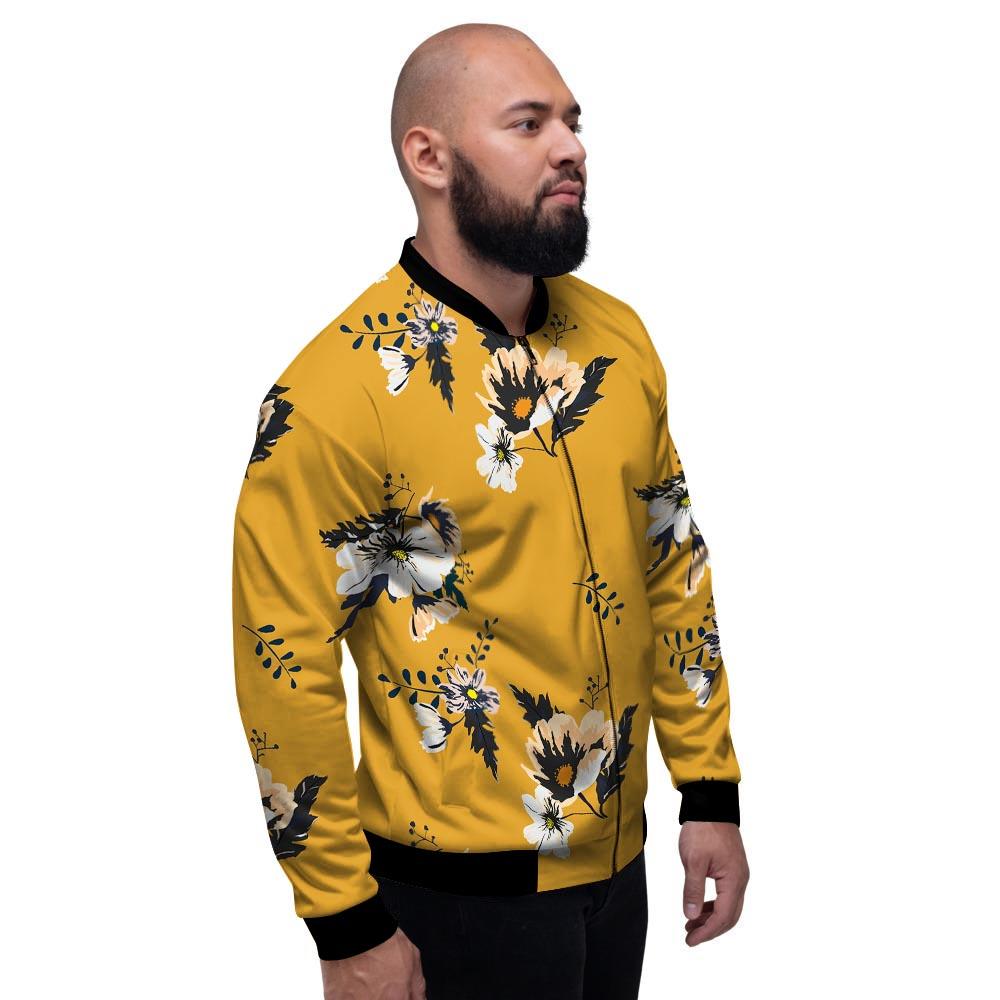 Yellow Flower Print Men's Bomber Jacket-grizzshop