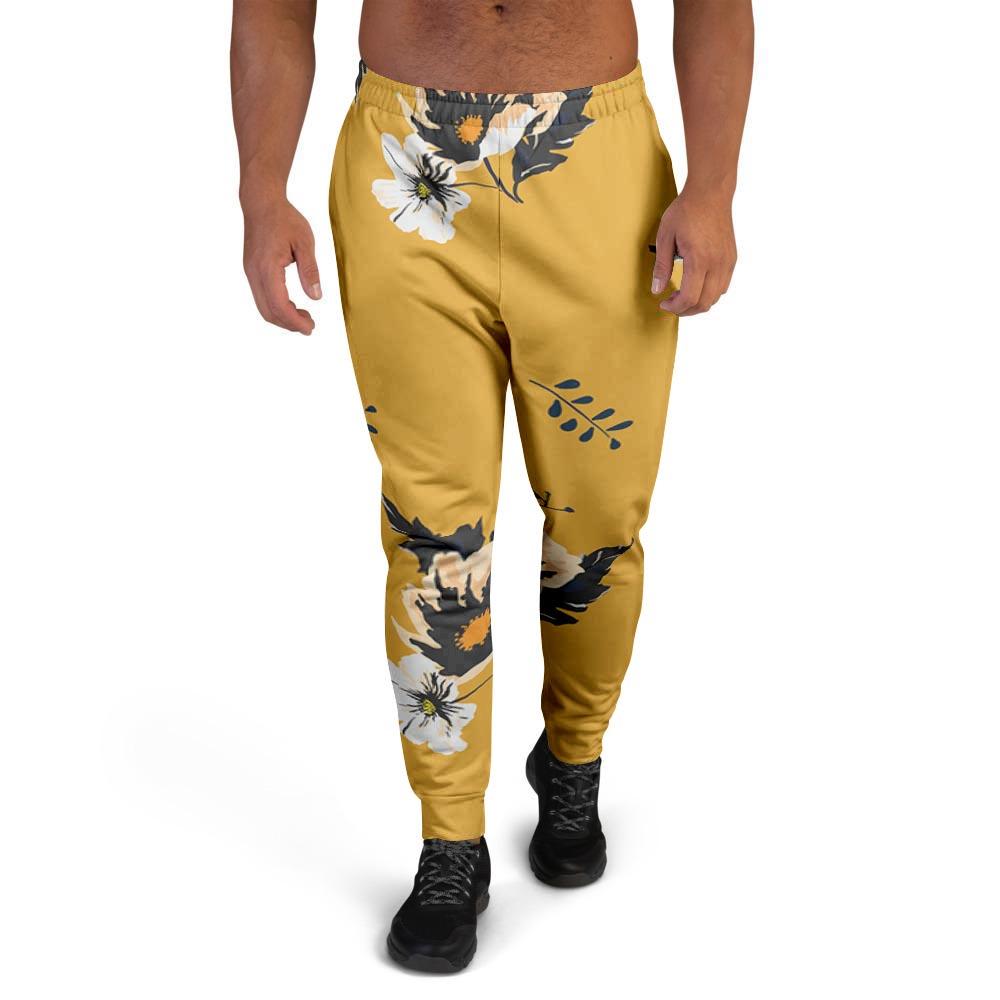 Yellow Flower Print Men's Joggers-grizzshop