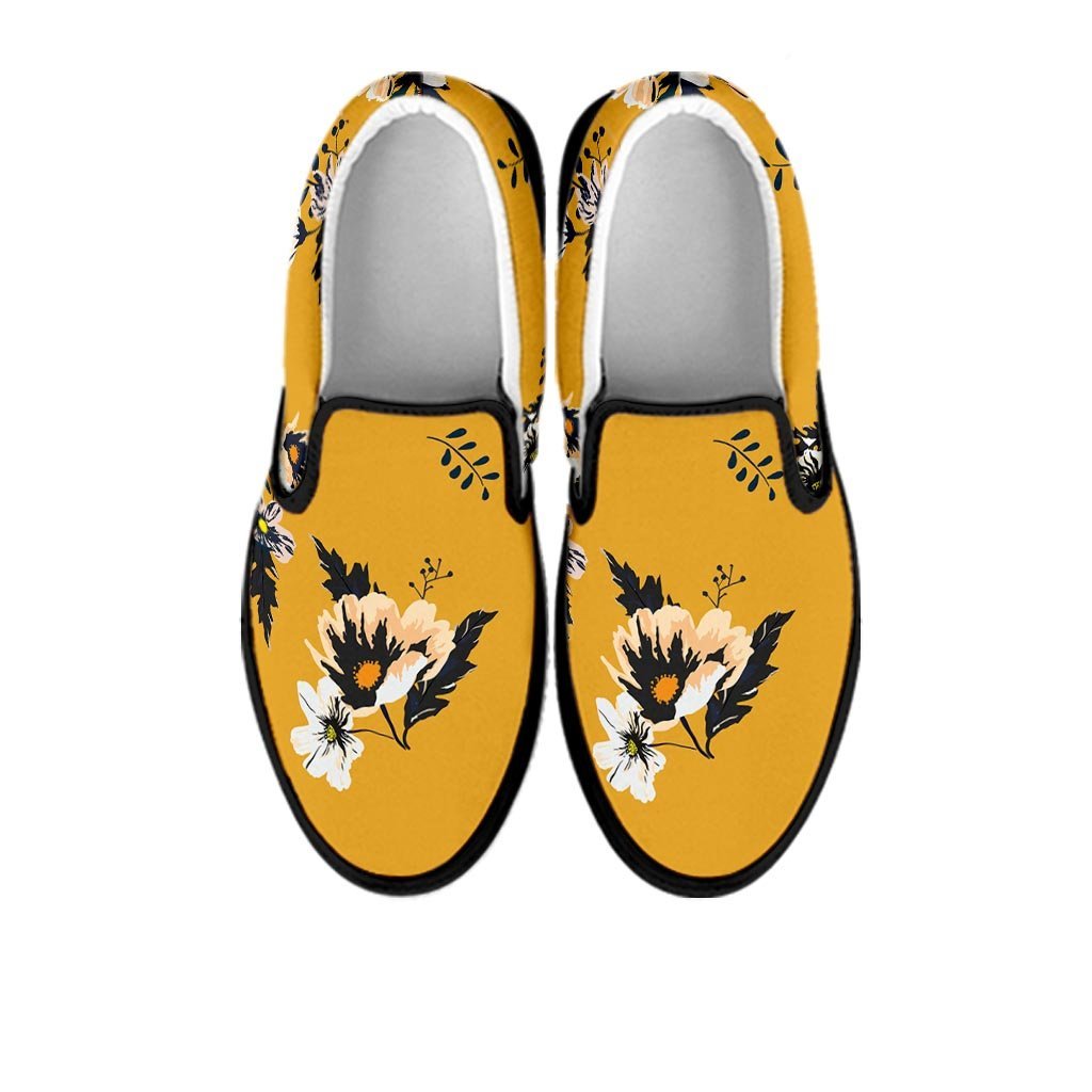 Yellow Flower Print Men's Slip On Sneakers-grizzshop