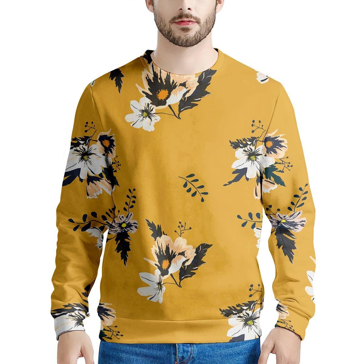 Yellow Flower Print Men's Sweatshirt-grizzshop