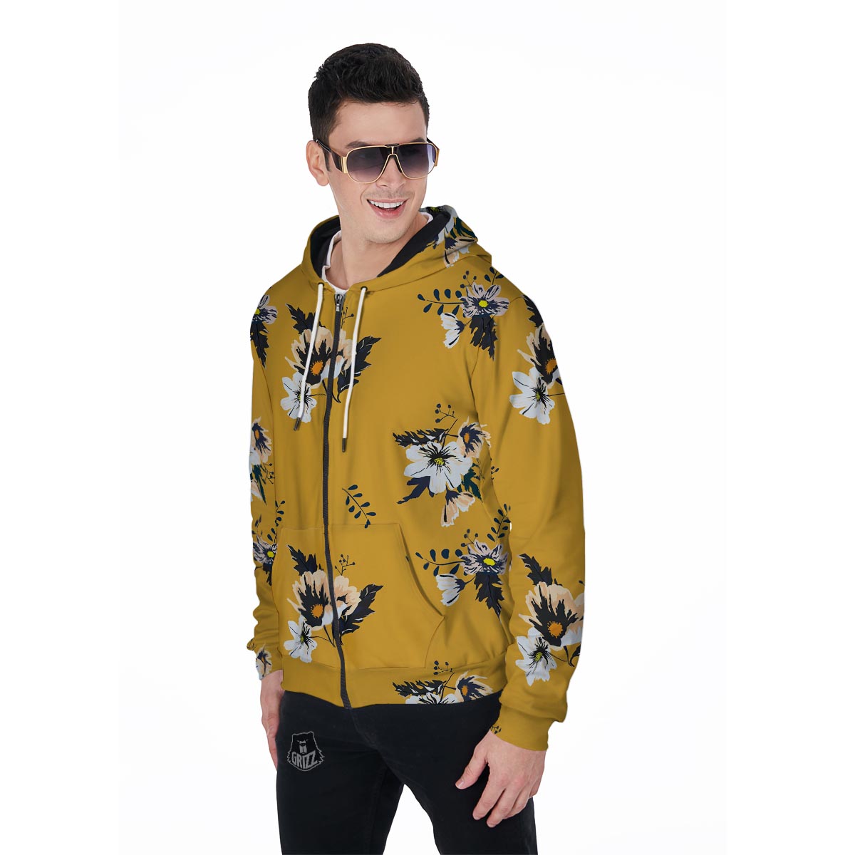 Yellow Flower Print Men's Zip Up Hoodie-grizzshop