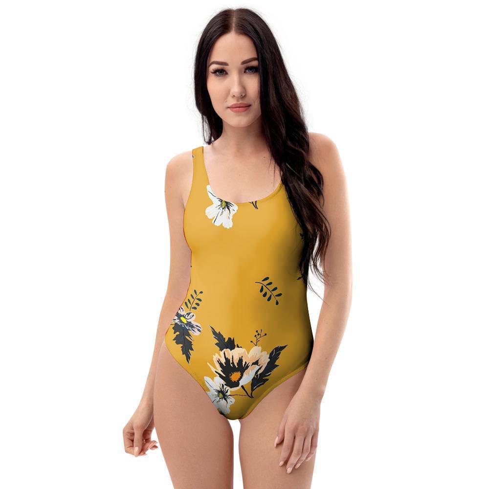 Yellow Flower Print One Piece Swimsuite-grizzshop
