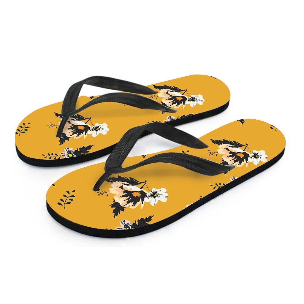 Yellow Flower Print Women's Flip Flops-grizzshop