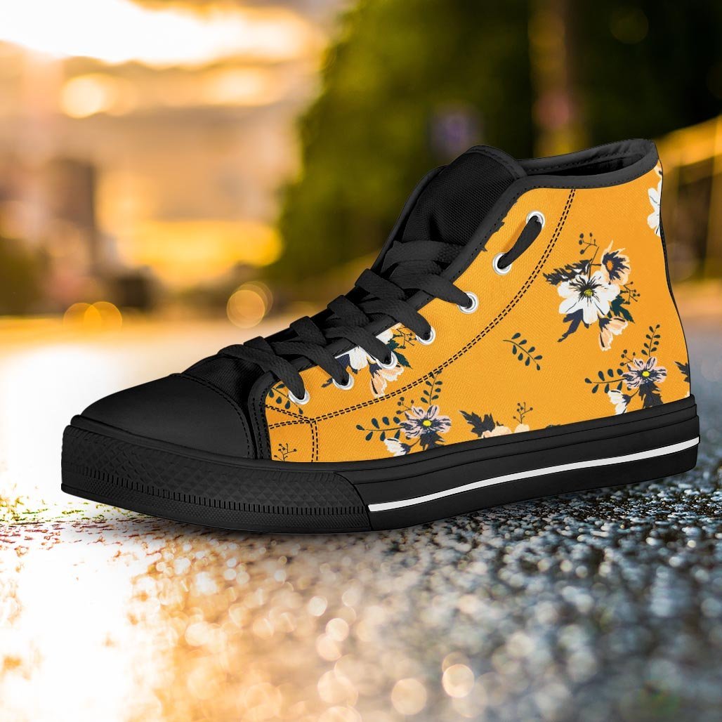 Yellow Flower Print Women's High Top Shoes-grizzshop