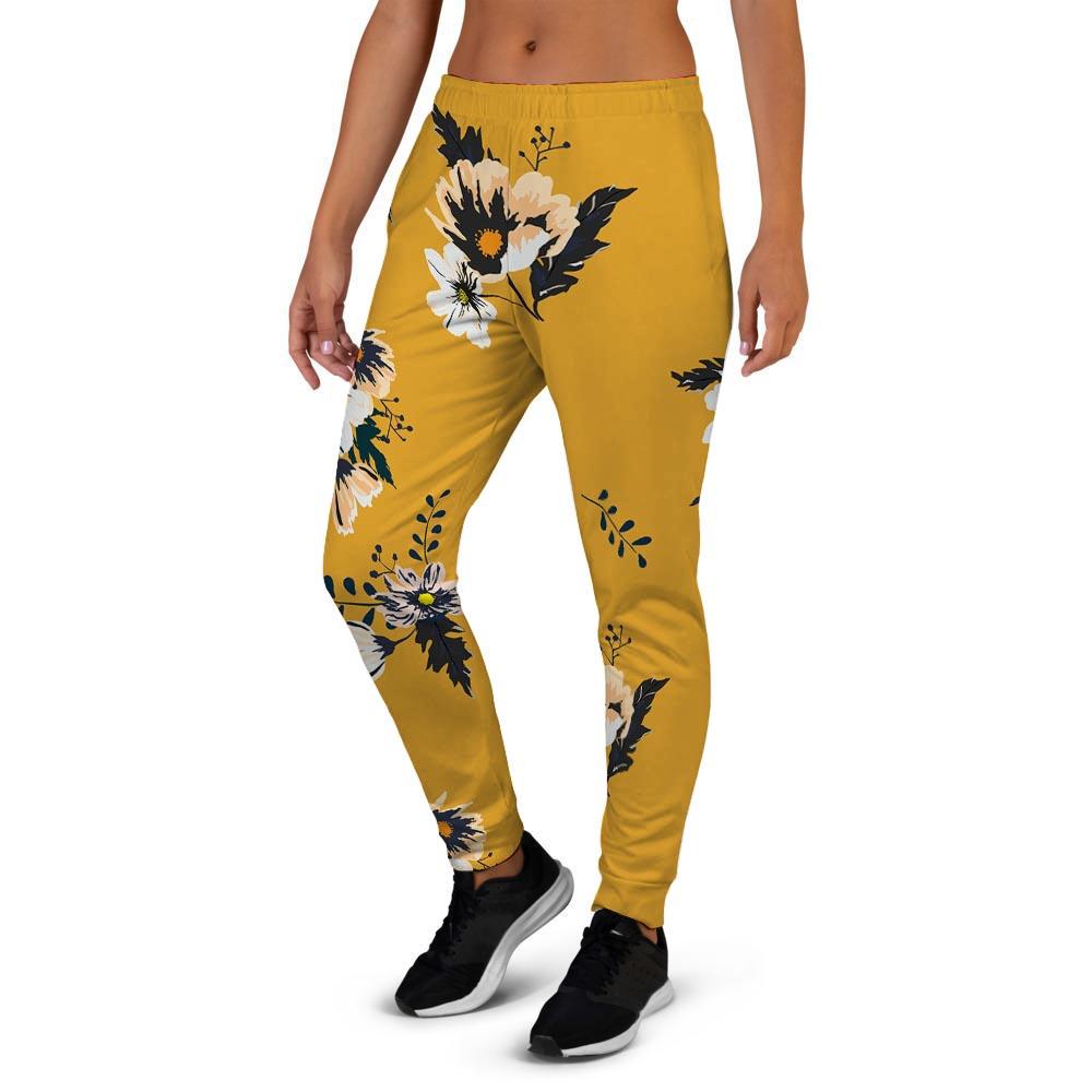 Yellow Flower Print Women's Joggers-grizzshop