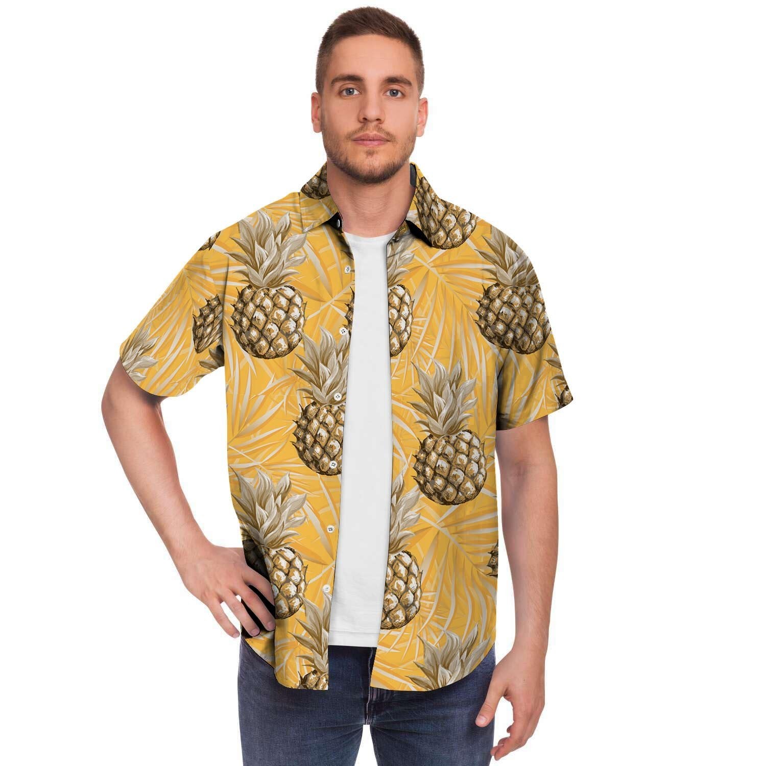 Yellow Hawaiian Pineapple Print Men's Short Sleeve Shirt-grizzshop