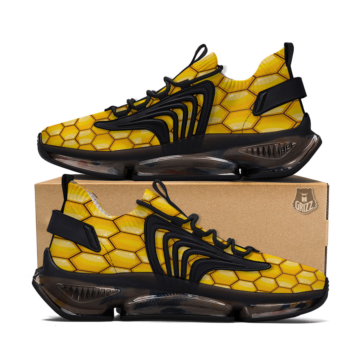 Yellow Honeycomb Print Pattern Black Gym Shoes-grizzshop