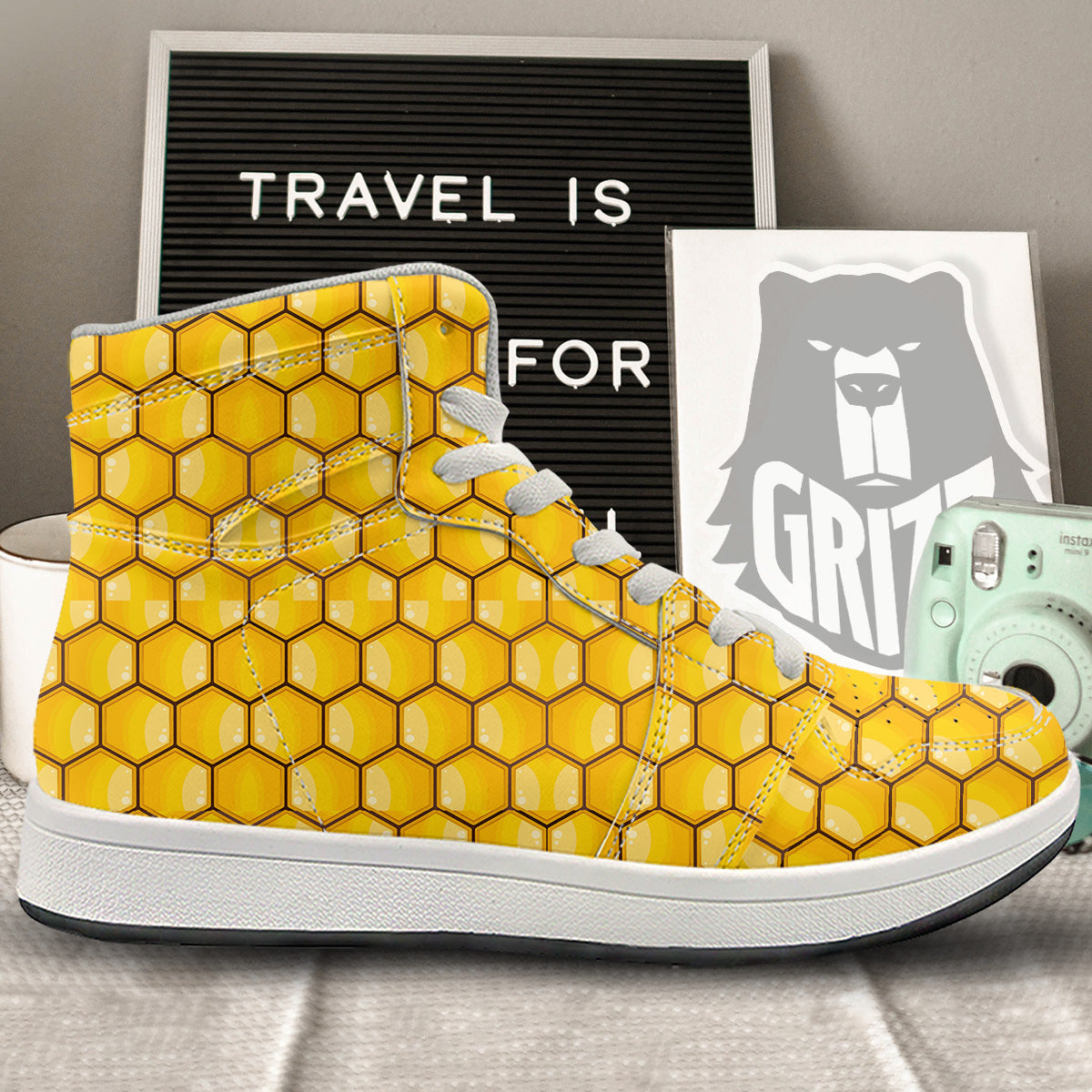 Yellow Honeycomb Print Pattern High Top Sneakers-grizzshop