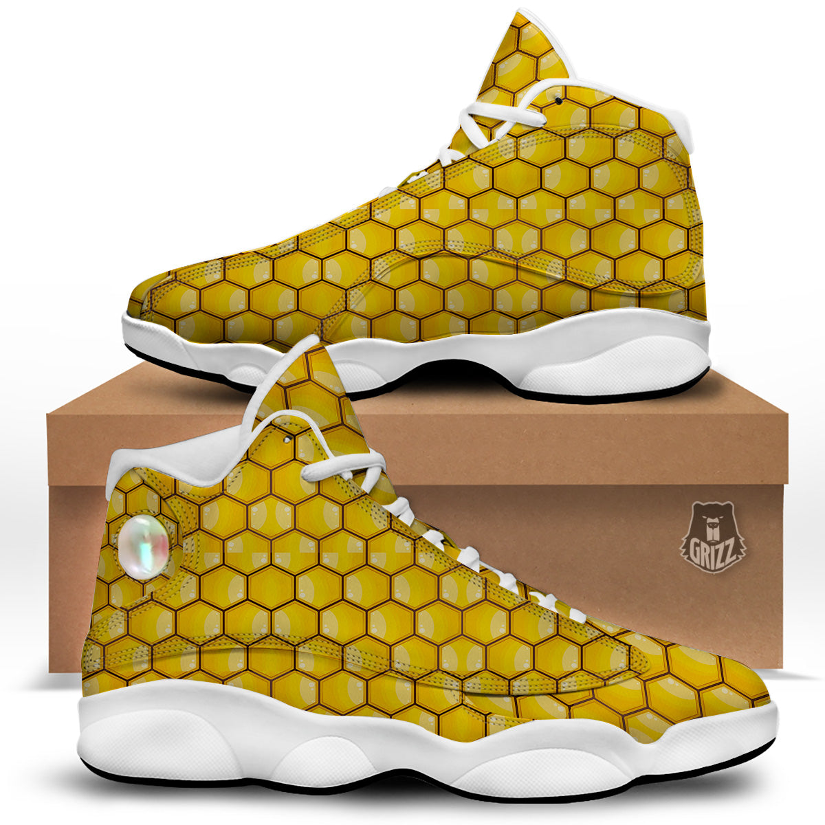 Yellow Honeycomb Print Pattern White Basketball Shoes yellow-honeycomb-print-pattern-white-basketball-shoes