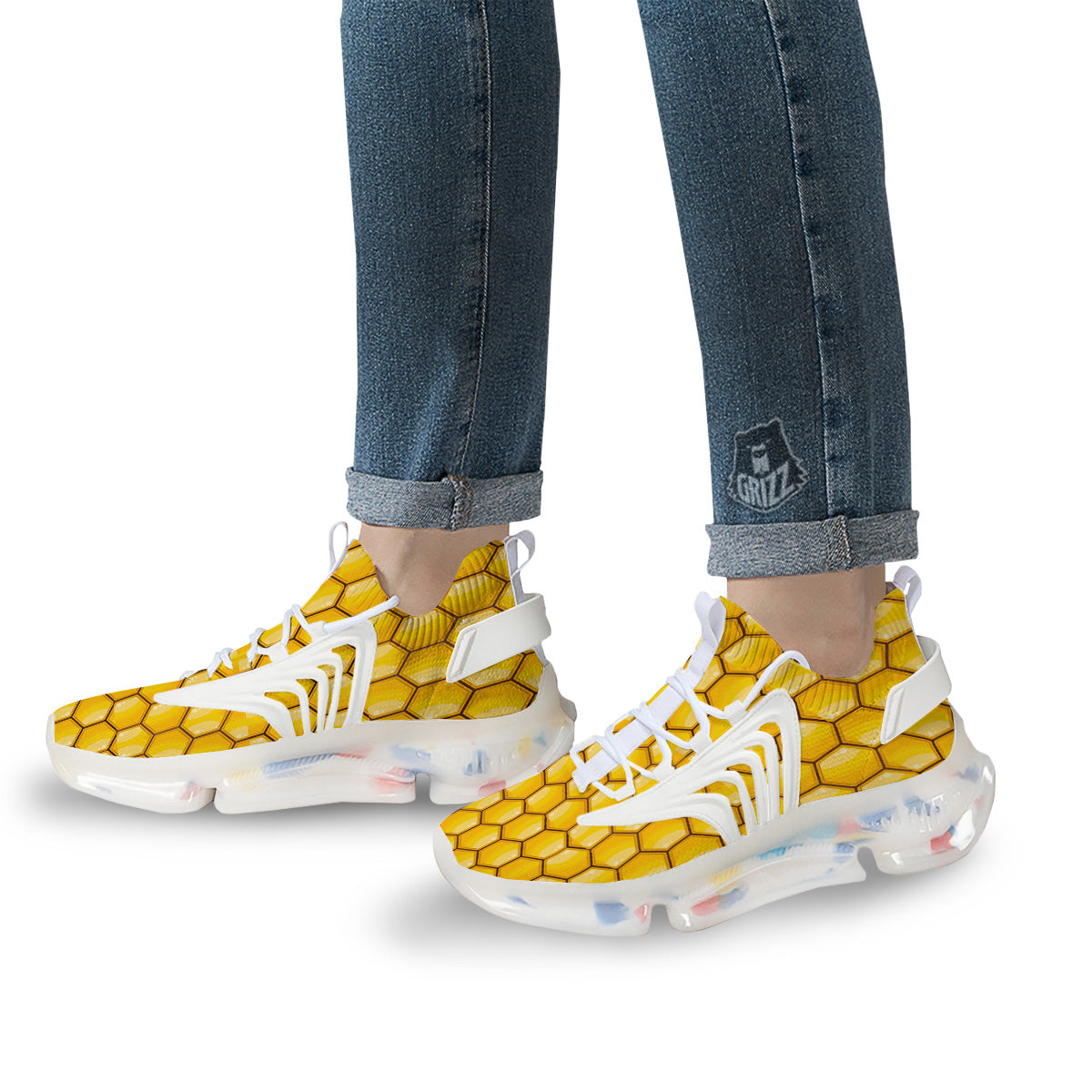 Yellow Honeycomb Print Pattern White Gym Shoes-grizzshop