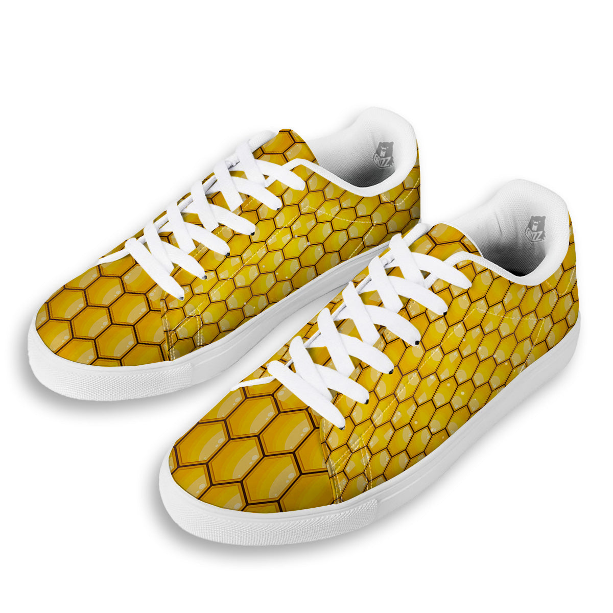 Yellow Honeycomb Print Pattern White Low Top Sneakers-grizzshop