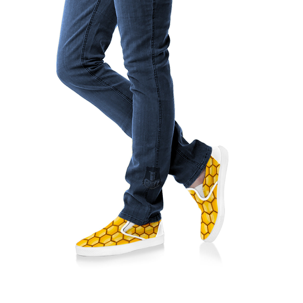 Yellow Honeycomb Print Pattern White Slip On Shoes-grizzshop