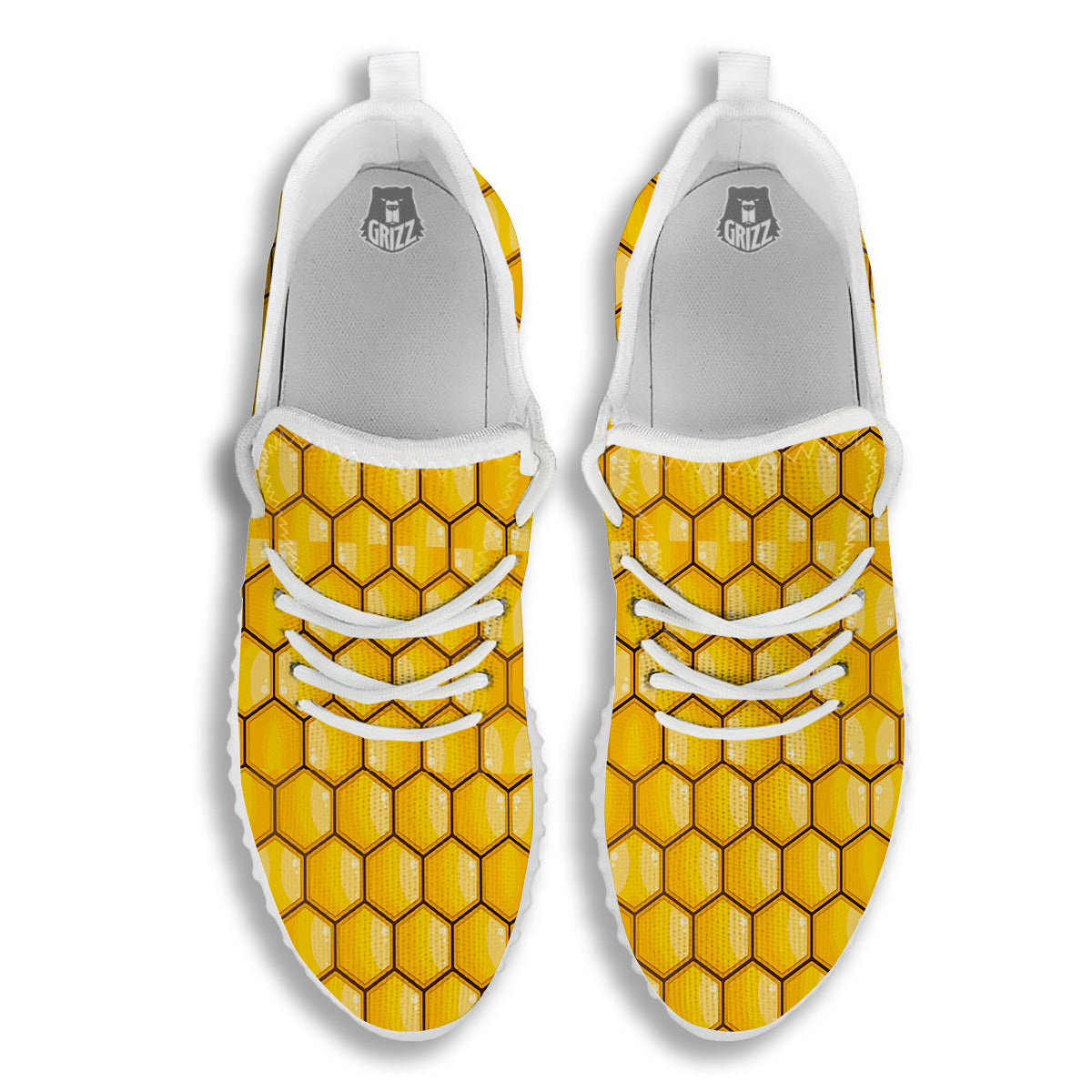 Yellow Honeycomb Print Pattern White Walking Shoes-grizzshop
