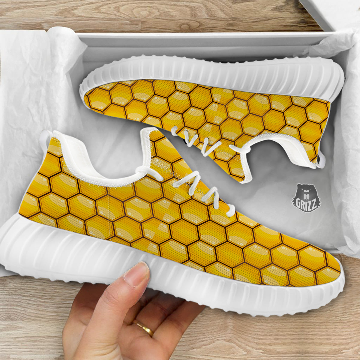 Yellow Honeycomb Print Pattern White Walking Shoes-grizzshop