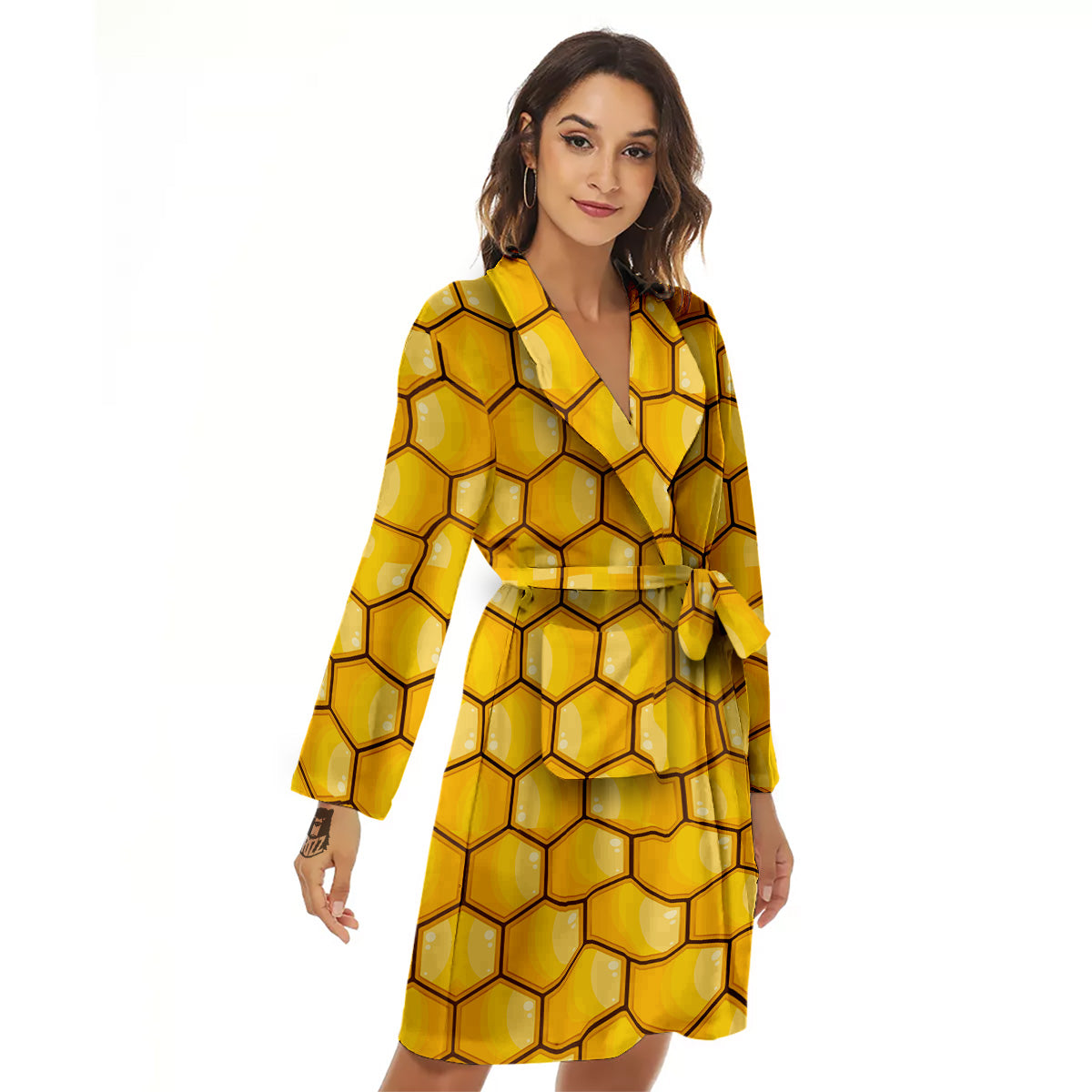 Yellow Honeycomb Print Pattern Women's Robe-grizzshop