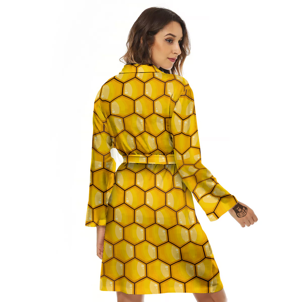 Yellow Honeycomb Print Pattern Women's Robe-grizzshop