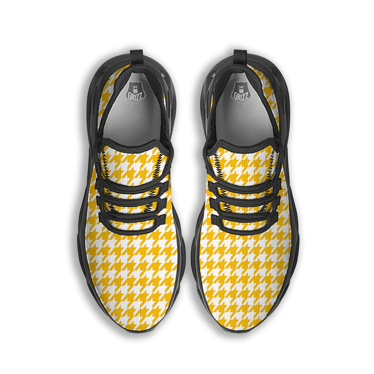 Yellow Houndstooth Print Black Running Shoes-grizzshop
