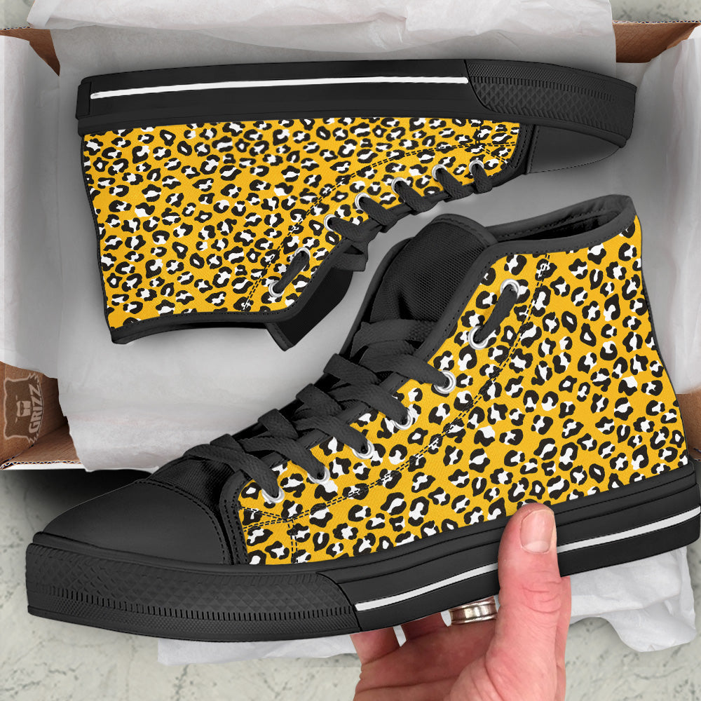 Yellow Leopard Print Pattern Black High Top Shoes-grizzshop