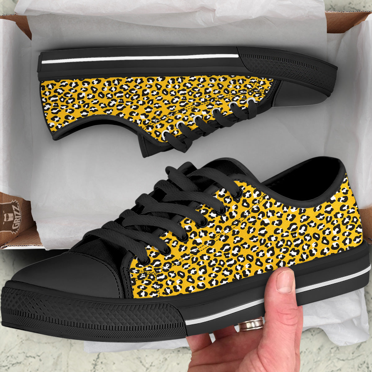 Yellow Leopard Print Pattern Black Low Top Shoes-grizzshop