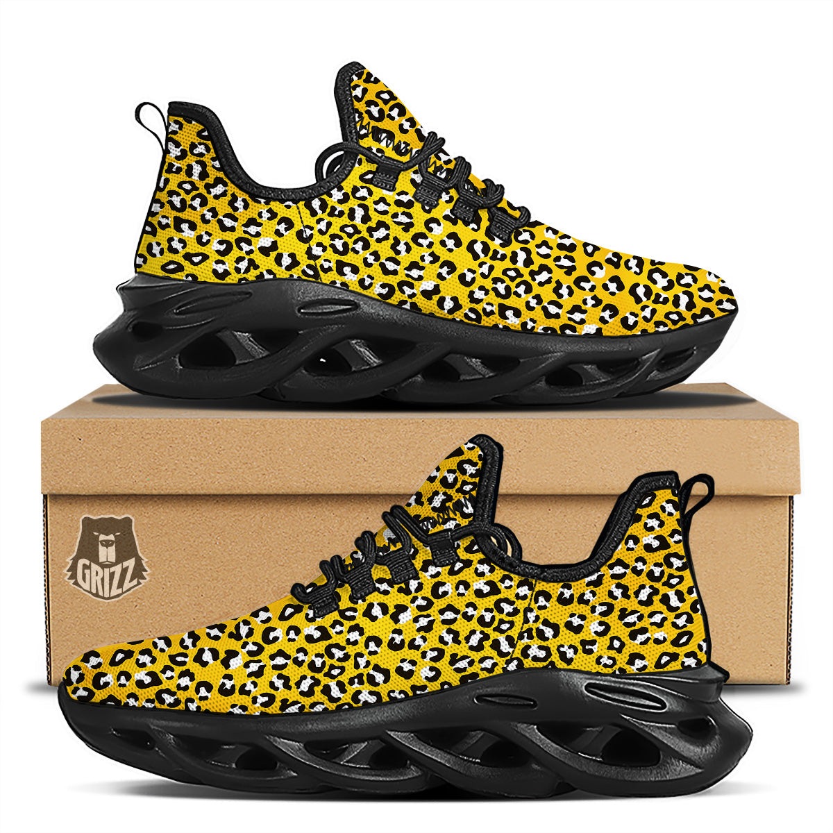 Yellow Leopard Print Pattern Black Running Shoes-grizzshop