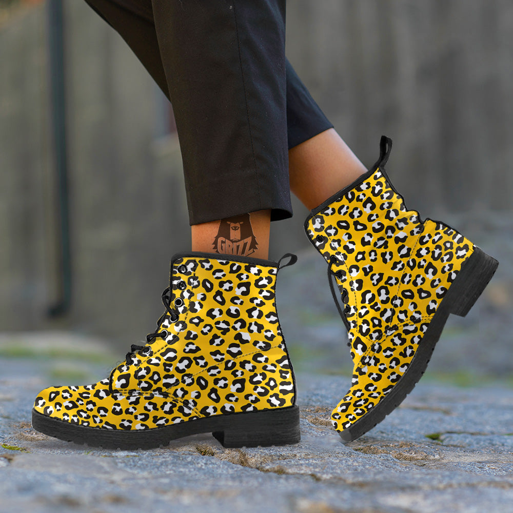 Yellow Leopard Print Pattern Leather Boots-grizzshop