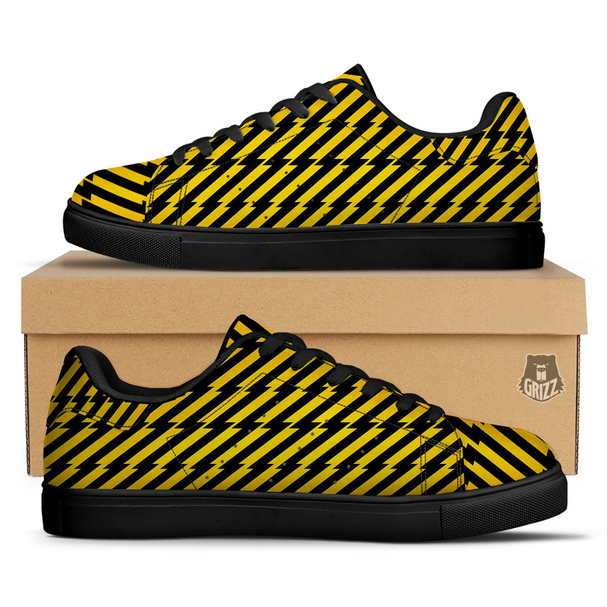 Yellow Lightning Spark Print Pattern Black Low Top Sneakers-grizzshop