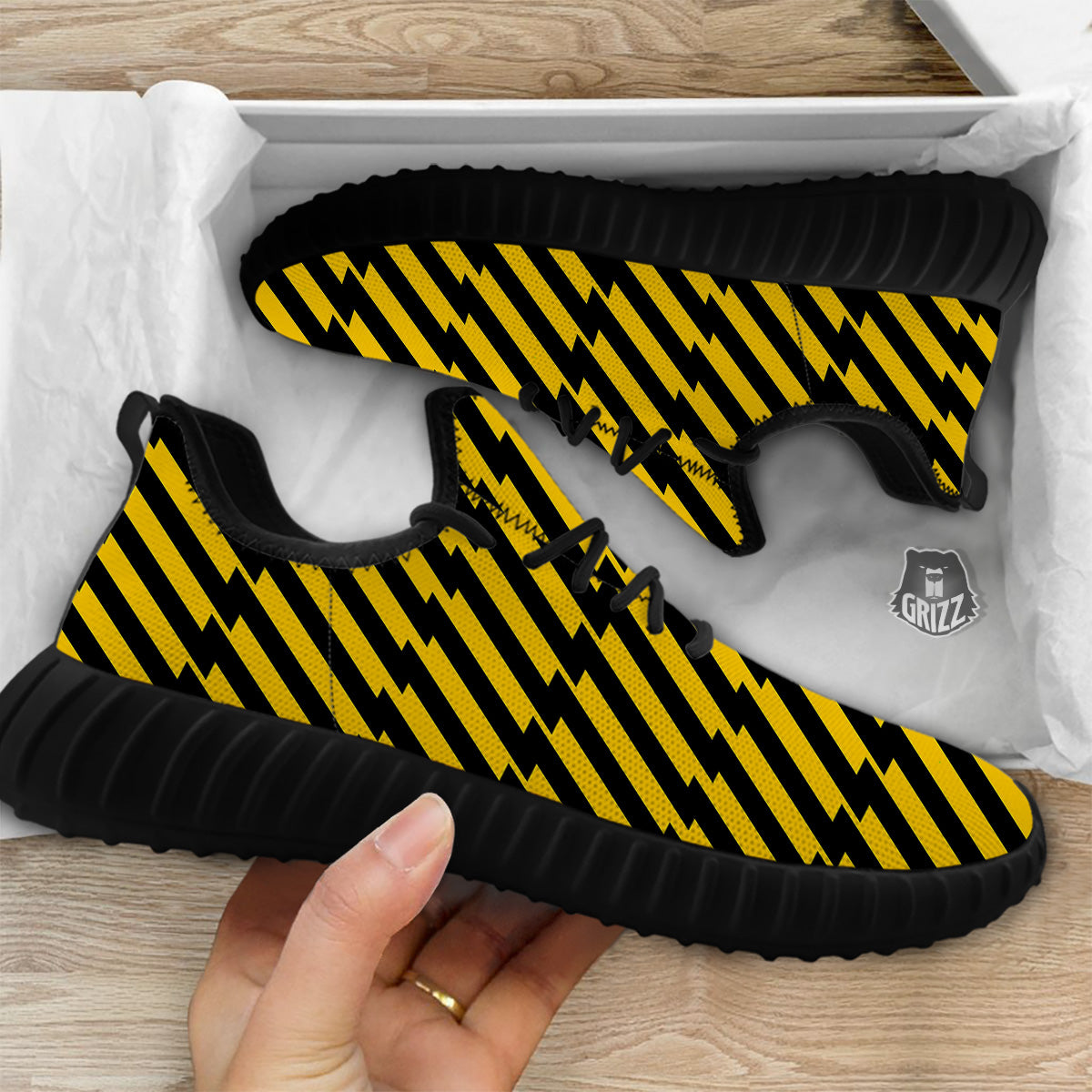 Yellow Lightning Spark Print Pattern Black Walking Shoes-grizzshop