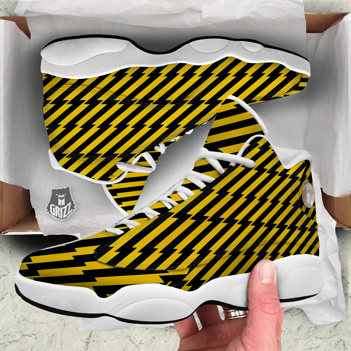 Yellow Lightning Spark Print Pattern White Basketball Shoes-grizzshop