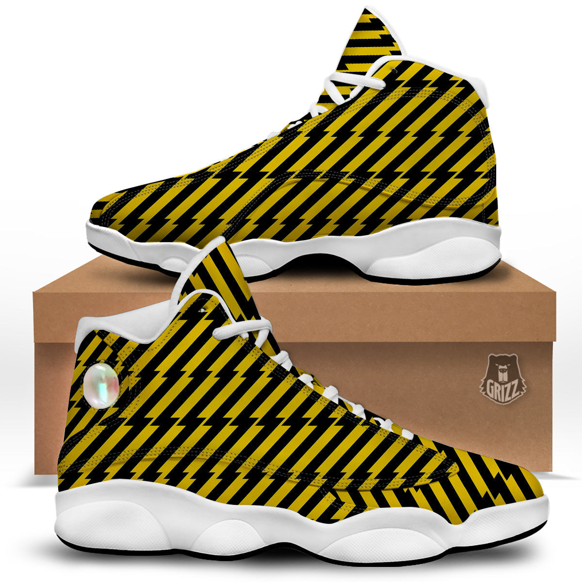 Yellow Lightning Spark Print Pattern White Basketball Shoes-grizzshop