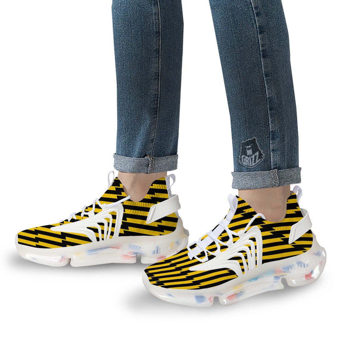 Yellow Lightning Spark Print Pattern White Gym Shoes-grizzshop