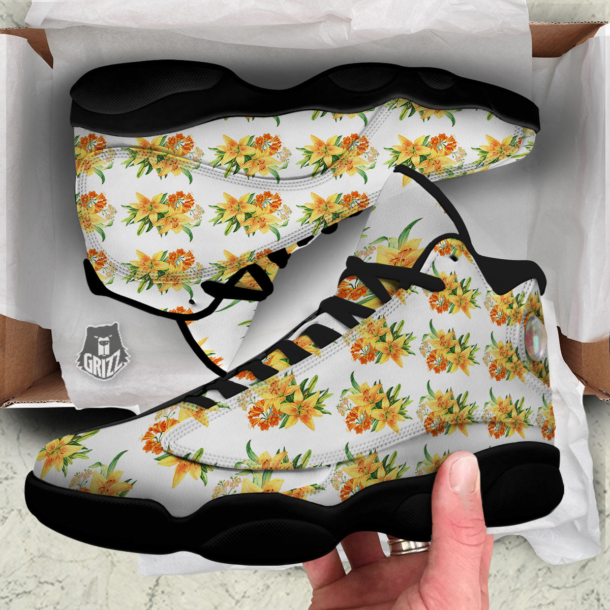 Yellow Lily Watercolor Print Pattern Black Basketball Shoes-grizzshop