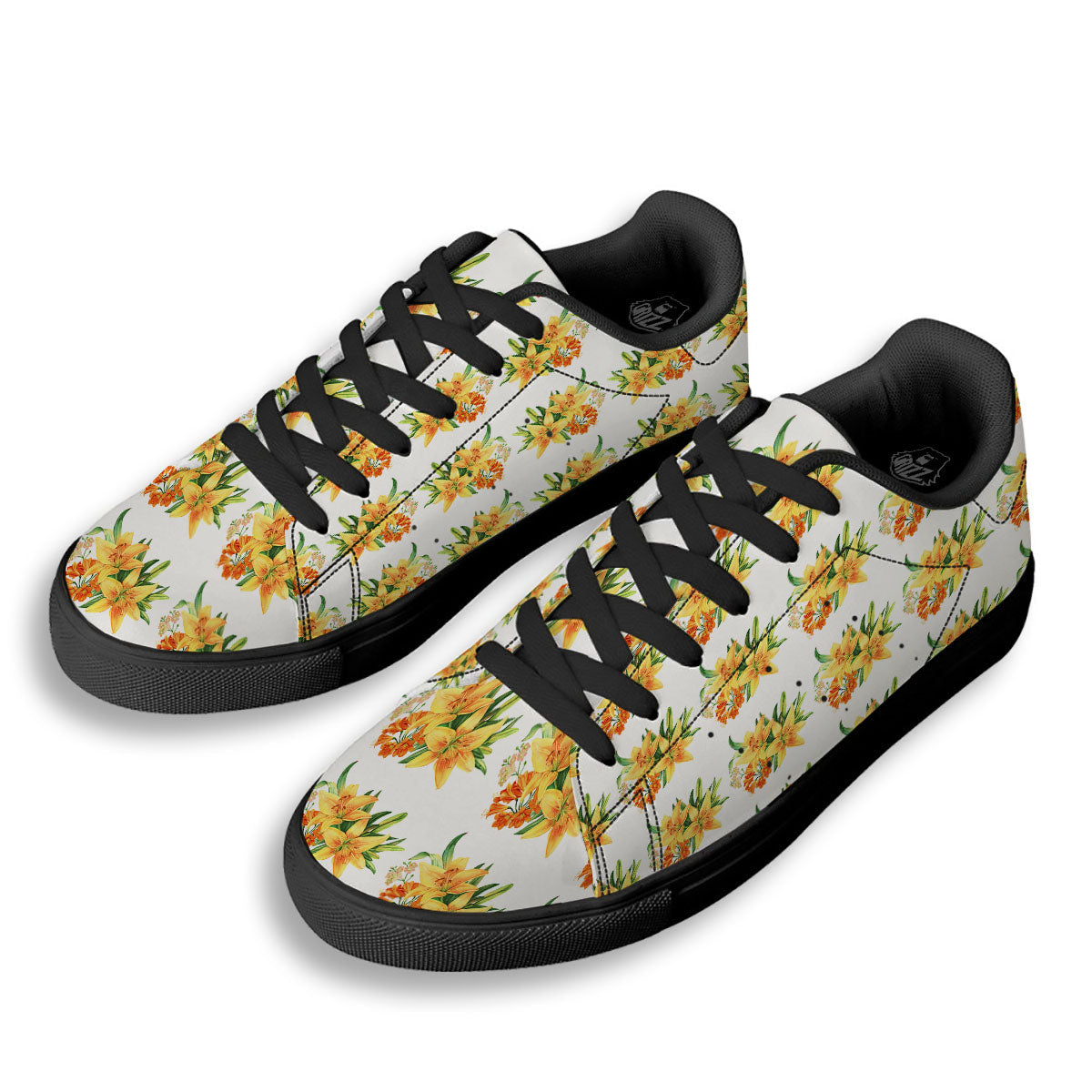 Yellow Lily Watercolor Print Pattern Black Low Top Sneakers-grizzshop