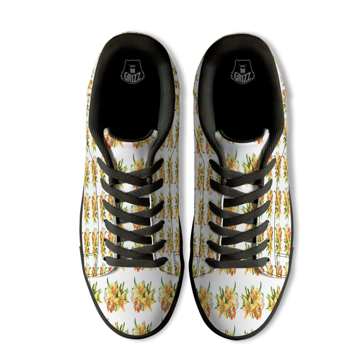 Yellow Lily Watercolor Print Pattern Black Low Top Sneakers-grizzshop