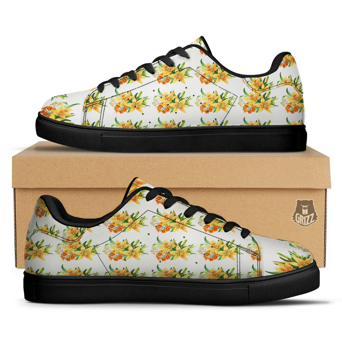 Yellow Lily Watercolor Print Pattern Black Low Top Sneakers-grizzshop