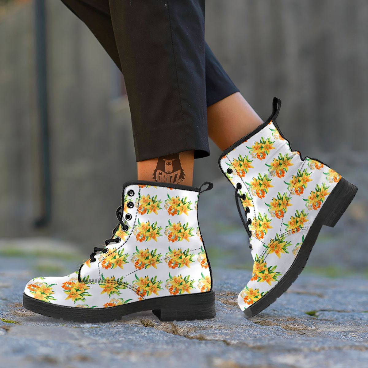 Yellow Lily Watercolor Print Pattern Leather Boots-grizzshop