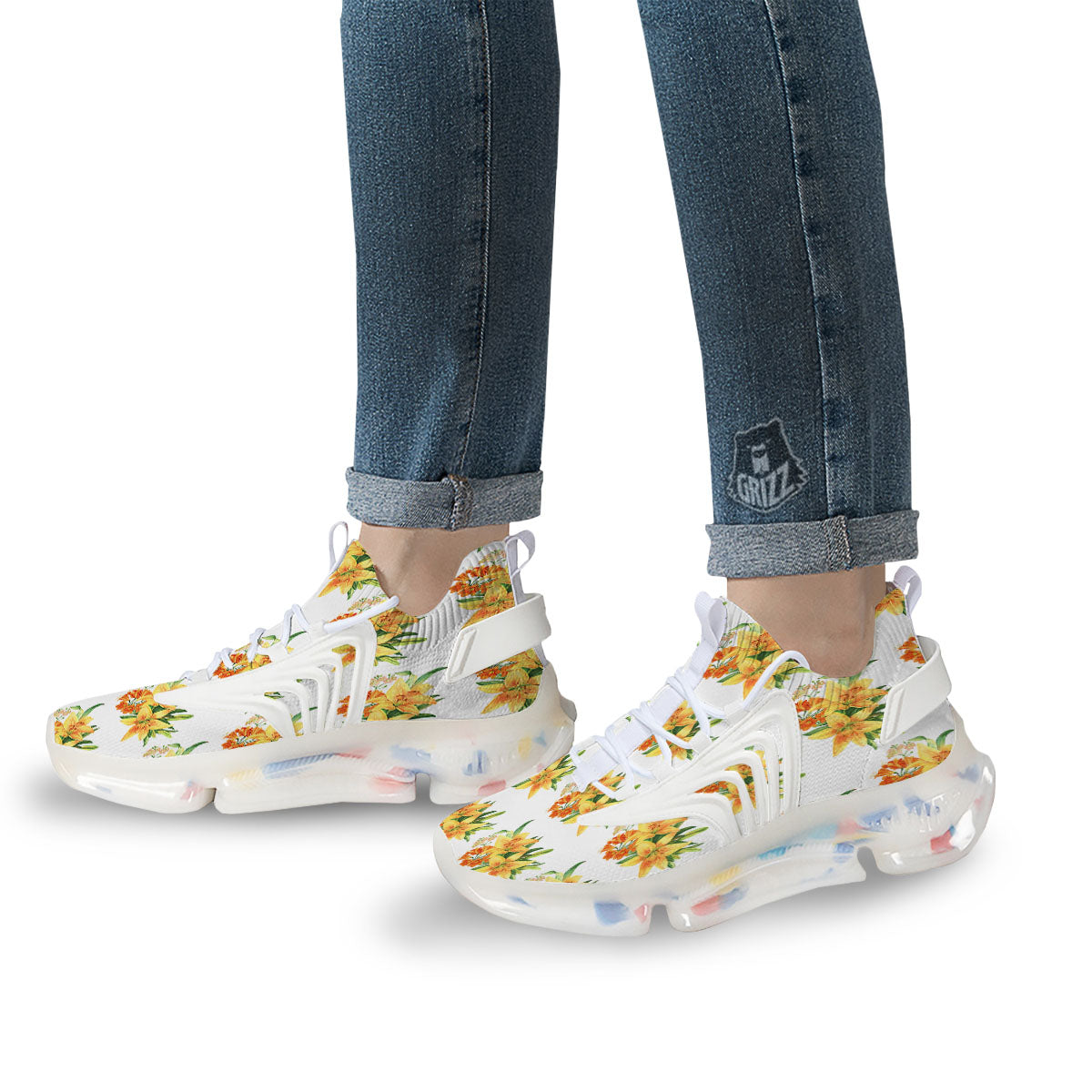 Yellow Lily Watercolor Print Pattern White Gym Shoes-grizzshop