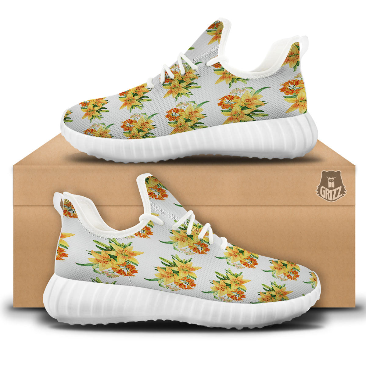 Yellow Lily Watercolor Print Pattern White Walking Shoes-grizzshop
