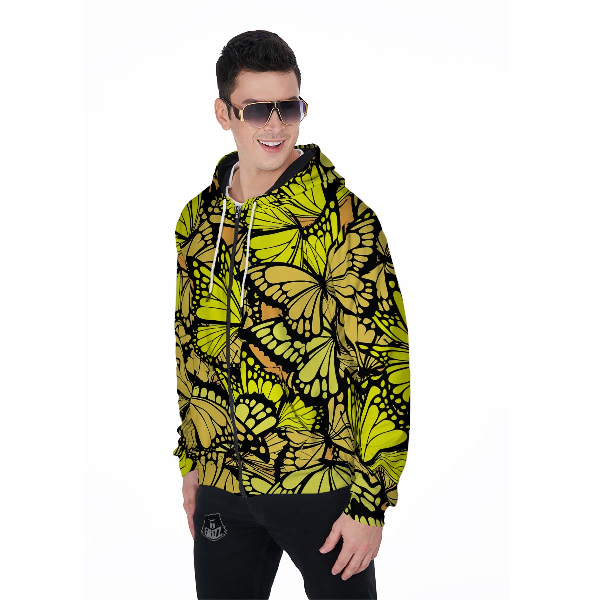 Yellow Monarch Butterfly Men's Zip Up Hoodie-grizzshop