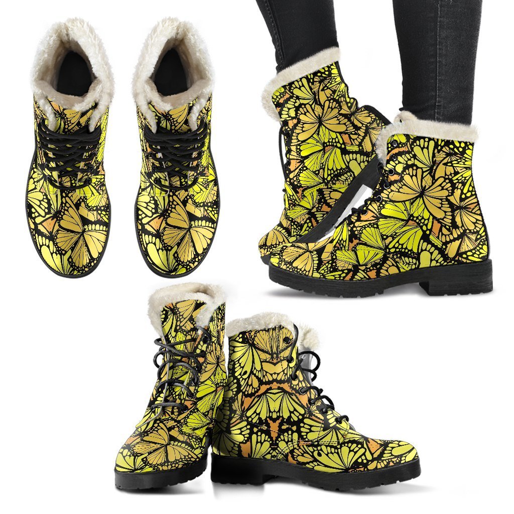 Yellow Monarch Butterfly Pattern Print Comfy Winter Boots-grizzshop