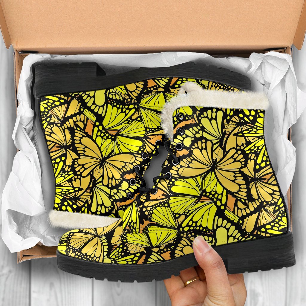 Yellow Monarch Butterfly Pattern Print Comfy Winter Boots-grizzshop
